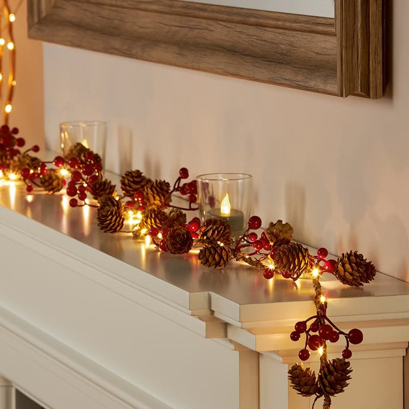 1.6m Red Berry and Pinecone Garland Warm White