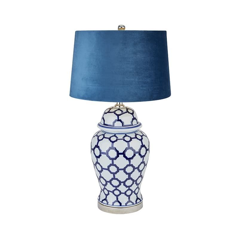 Acanthus Blue and White Ceramic Lamp with Blue Velvet Shade