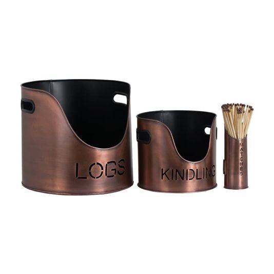 Logs & Kindling Buckets with Matchstick Holder - Copper