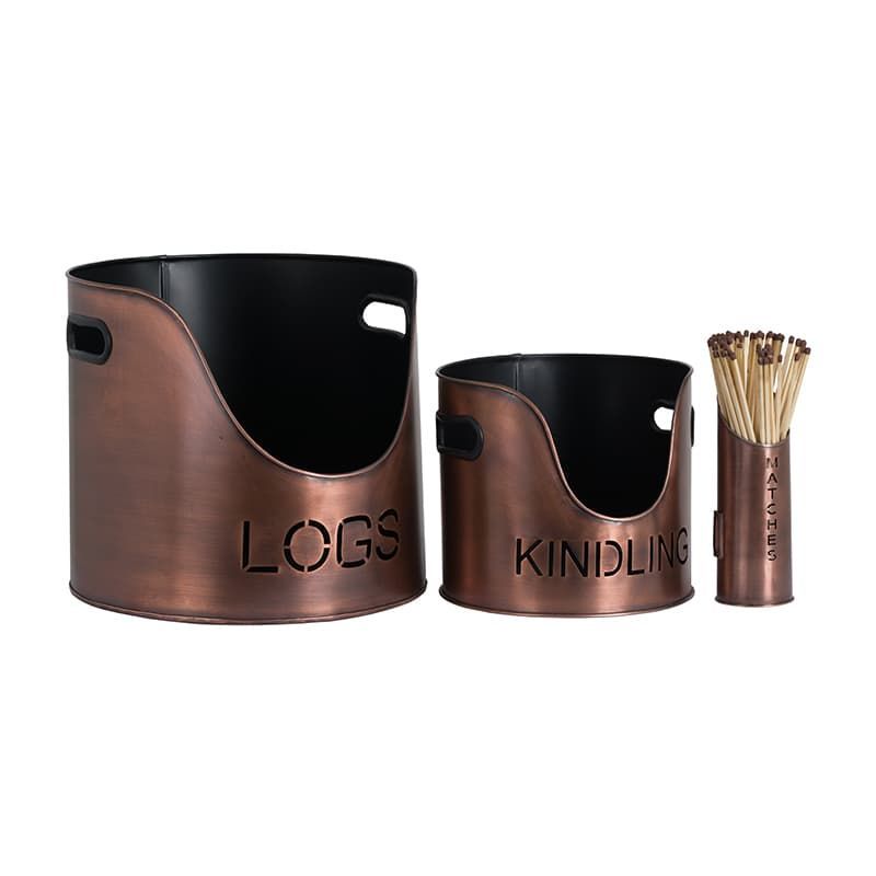 Logs and Kindling Buckets with Matchstick Holder - Copper