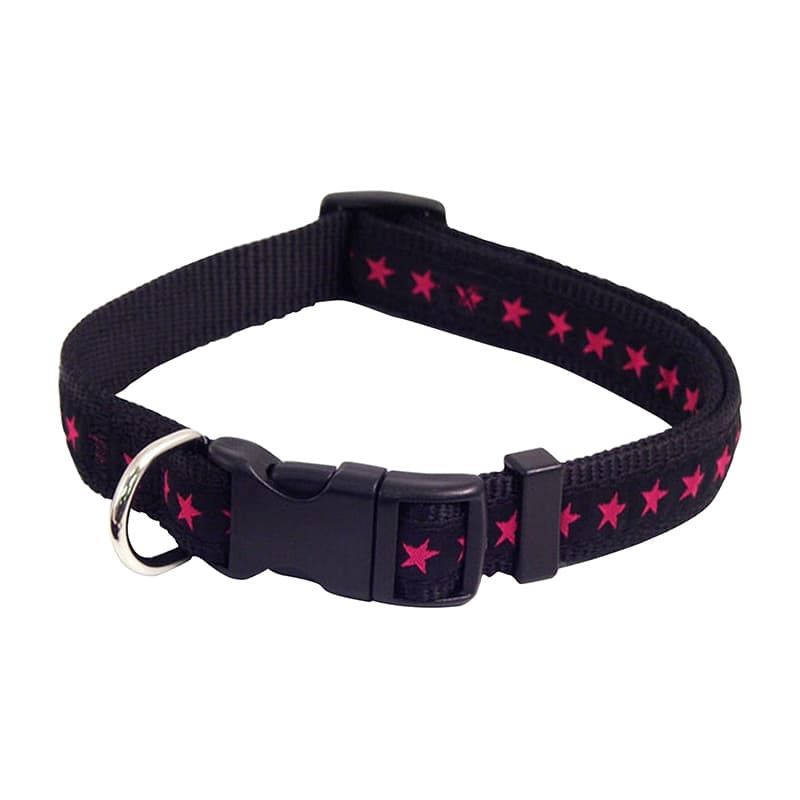 Dog Collar Black/Hot Pink Star 10-14"