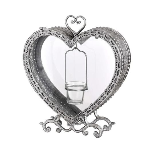 Free Standing Heart Tealight Lantern in Antique Silver
