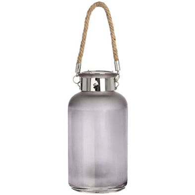 Frosted Grey Glass Lantern with Rope Detail & LED - Small