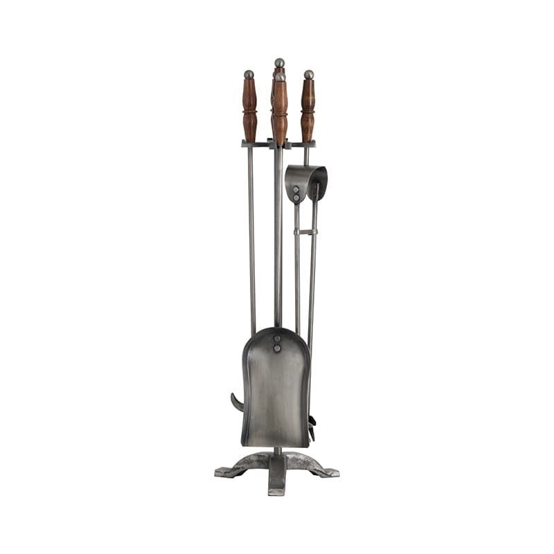 Hand-Turned Fire Companion Set in Antique Pewter with Wooden Handles