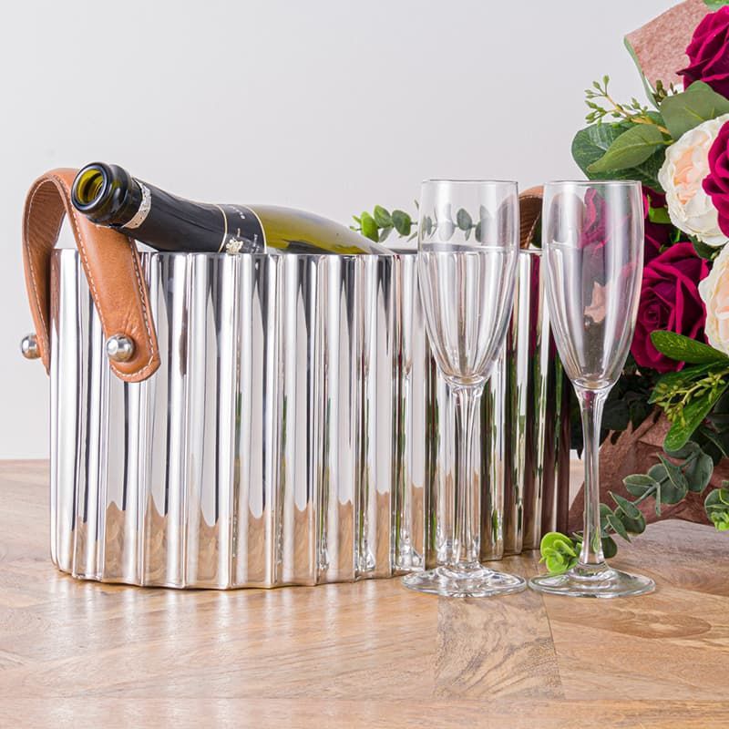 Silver Fluted Leather Handled Champagne Cooler - Large