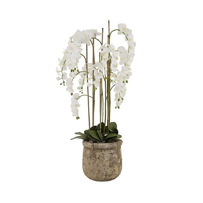 Large White Faux Orchid in Antique Stone Pot