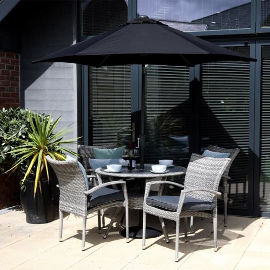 Porto 100cm Table + 4 Stacking Dining Chairs & Parasol