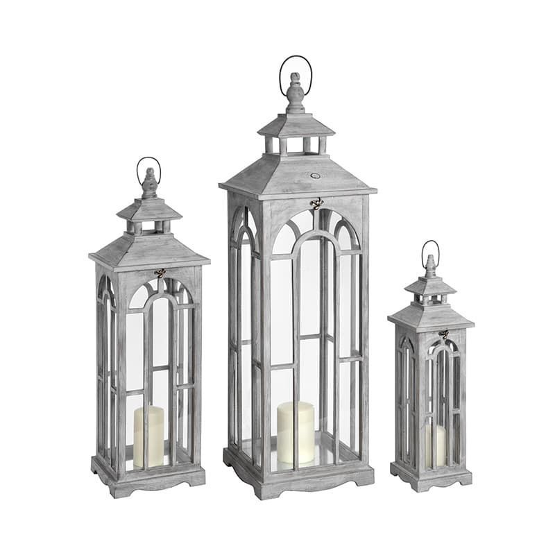 Set of Three Wooden Lanterns with Archway Design - White
