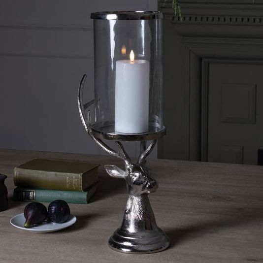 Silver Stag Candle Hurricane Lantern - Small