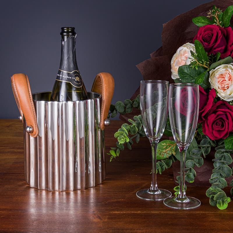 Silver Fluted Leather Handled Champagne Cooler - Single