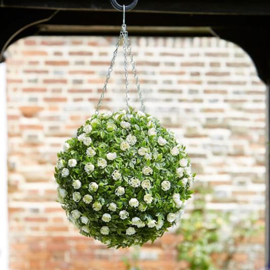 Topiary White Rose Artificial Hanging Ball - 30cm