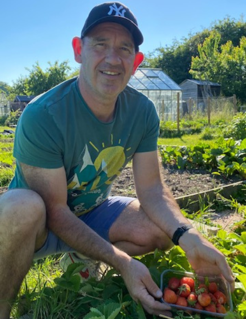 Enjoying the sunshine and picking some strawberries